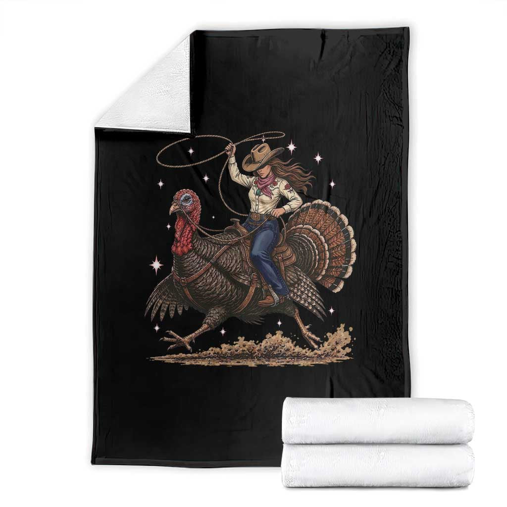 Thanksgiving Rodeo Western Fall Gift Throw Blanket Funny Cowgirl Riding Turkey