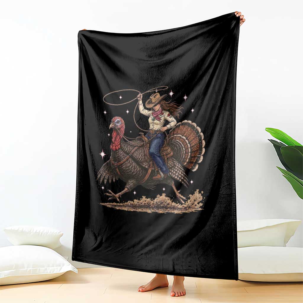 Thanksgiving Rodeo Western Fall Gift Throw Blanket Funny Cowgirl Riding Turkey