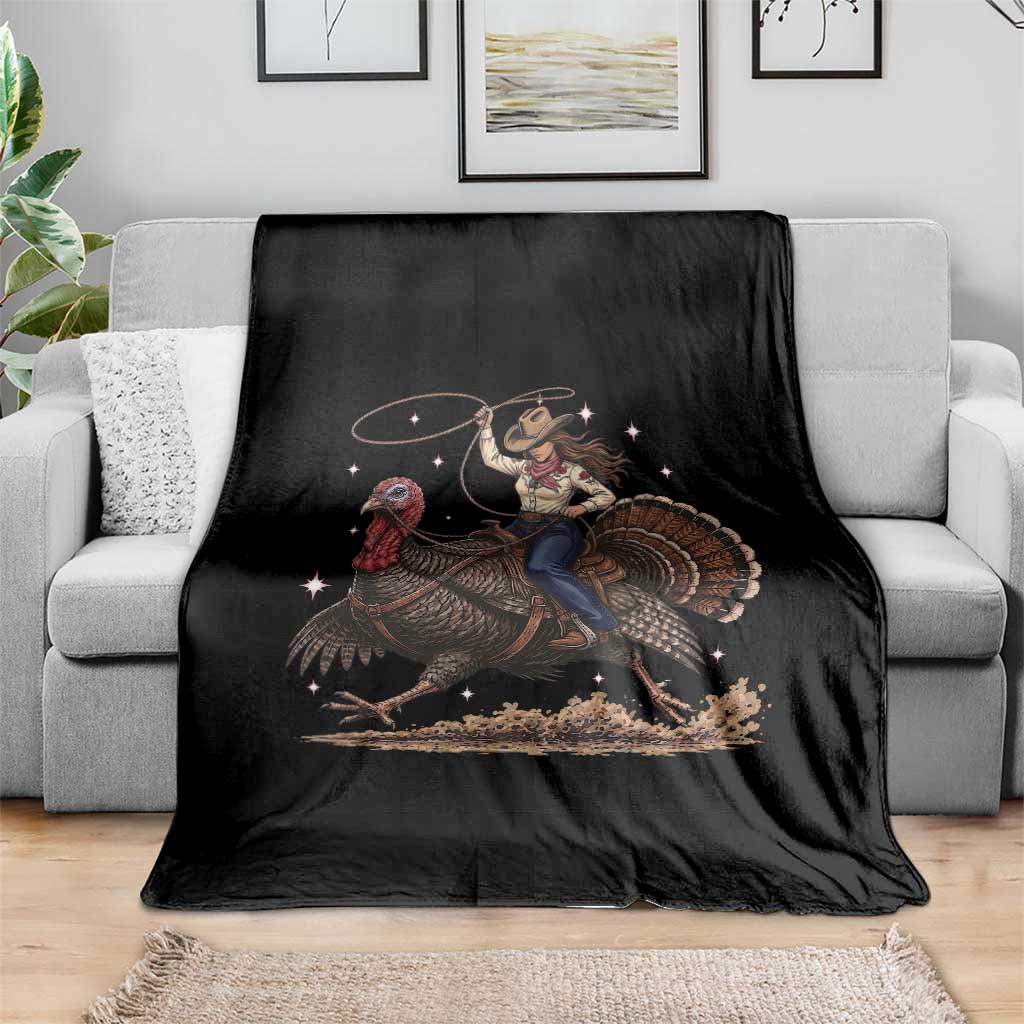 Thanksgiving Rodeo Western Fall Gift Throw Blanket Funny Cowgirl Riding Turkey