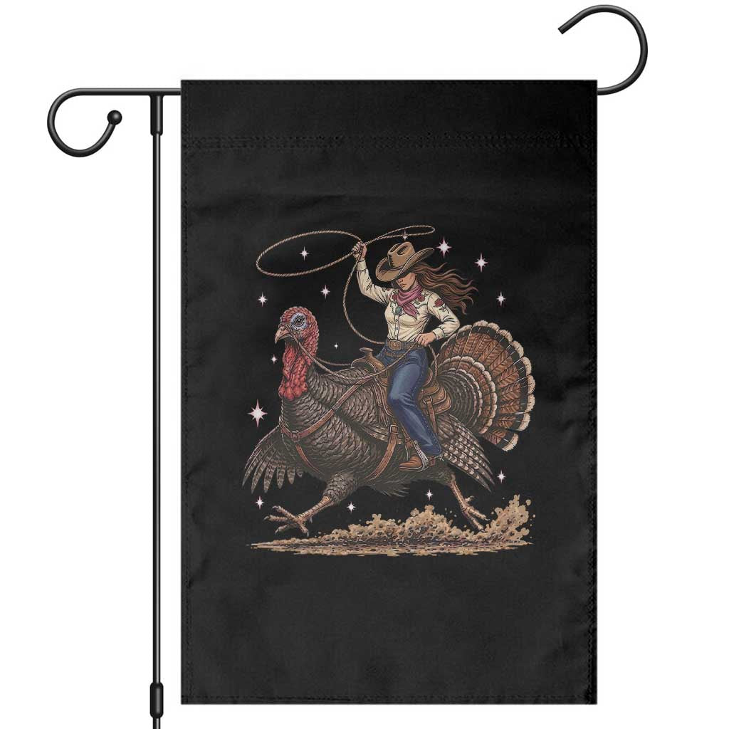 Thanksgiving Rodeo Western Fall Gift Garden Flag Funny Cowgirl Riding Turkey
