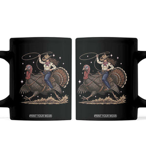 Thanksgiving Rodeo Western Fall Gift Coffee Mug Funny Cowgirl Riding Turkey