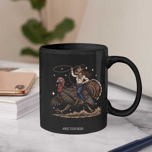 Thanksgiving Rodeo Western Fall Gift Coffee Mug Funny Cowgirl Riding Turkey
