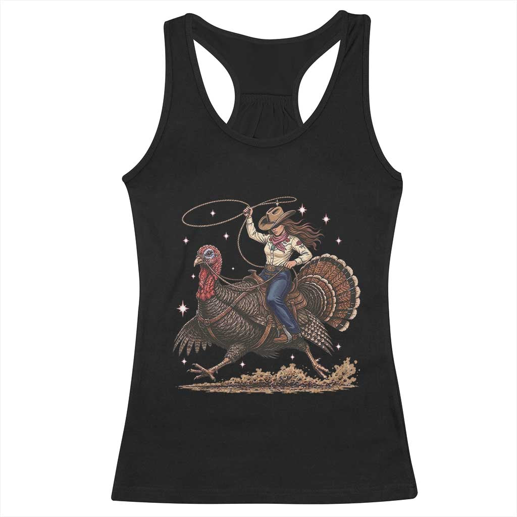 Thanksgiving Rodeo Western Fall Gift Racerback Tank Top Funny Cowgirl Riding Turkey