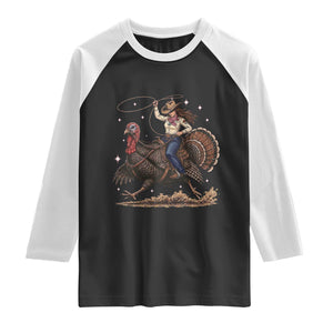 Thanksgiving Rodeo Western Fall Gift Raglan Shirt Funny Cowgirl Riding Turkey