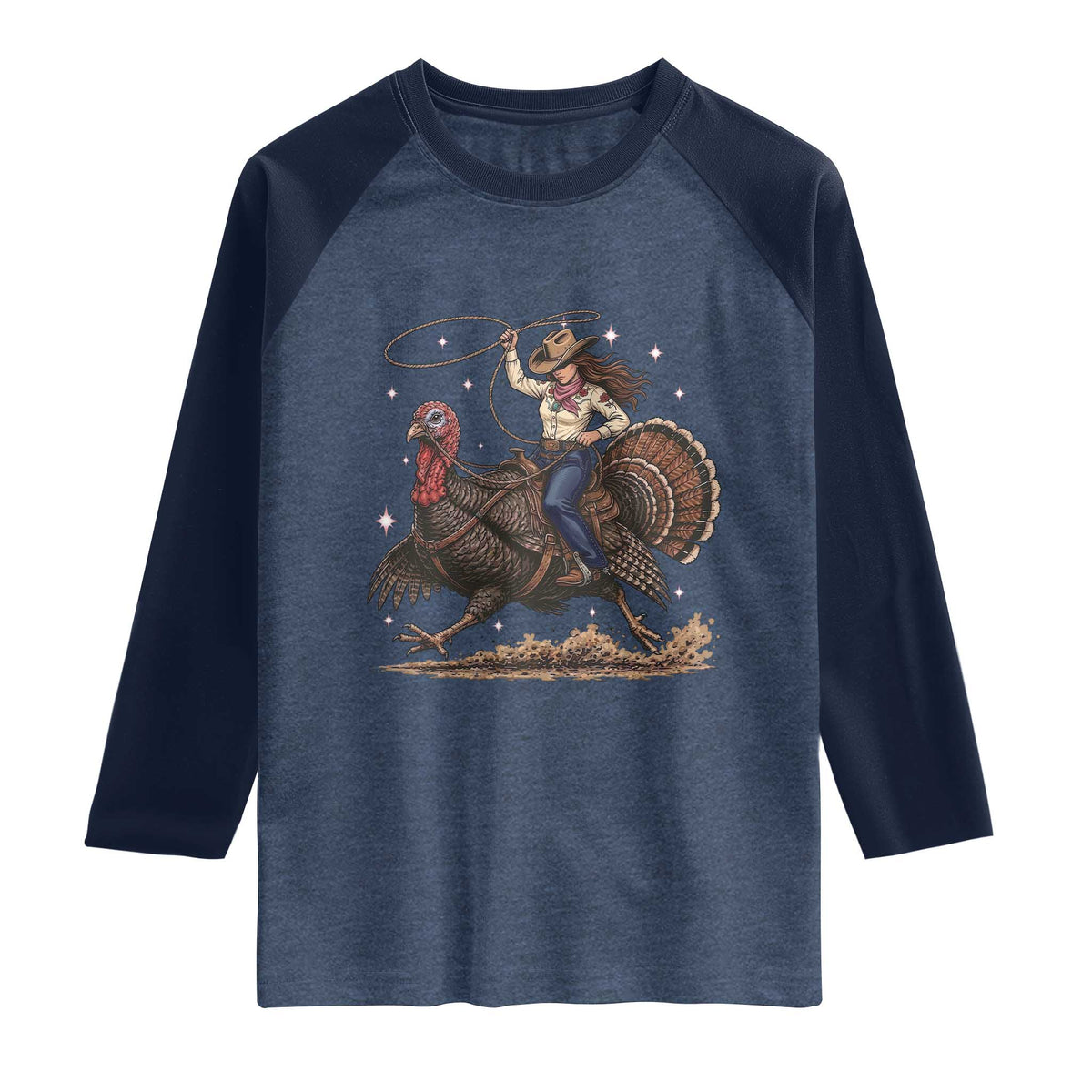 Thanksgiving Rodeo Western Fall Gift Raglan Shirt Funny Cowgirl Riding Turkey