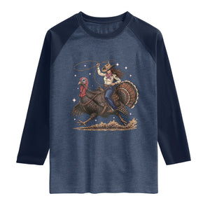 Thanksgiving Rodeo Western Fall Gift Raglan Shirt Funny Cowgirl Riding Turkey