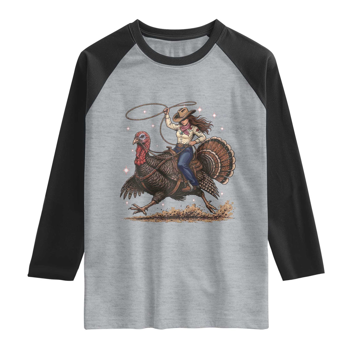 Thanksgiving Rodeo Western Fall Gift Raglan Shirt Funny Cowgirl Riding Turkey