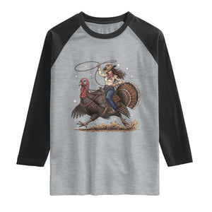 Thanksgiving Rodeo Western Fall Gift Raglan Shirt Funny Cowgirl Riding Turkey