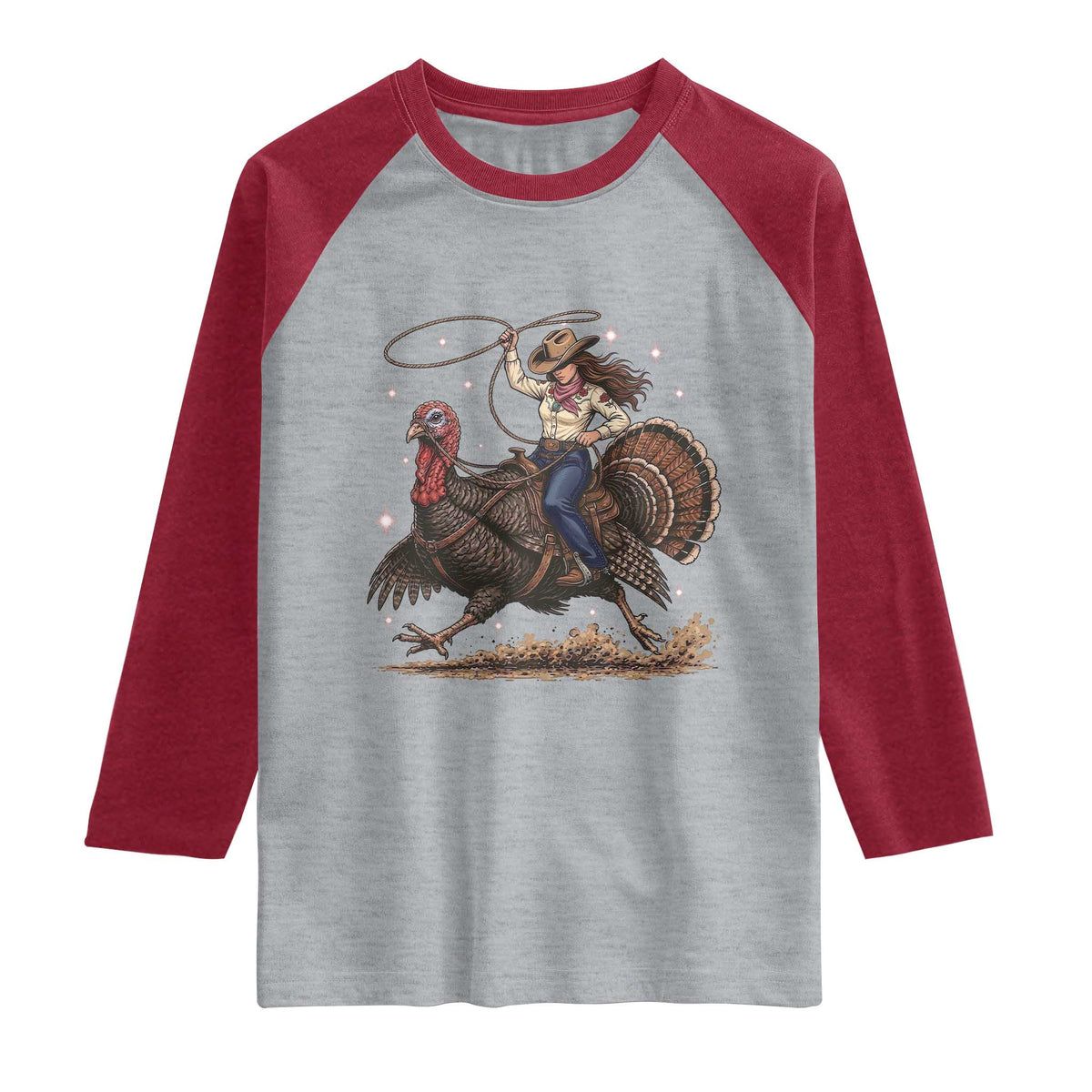 Thanksgiving Rodeo Western Fall Gift Raglan Shirt Funny Cowgirl Riding Turkey