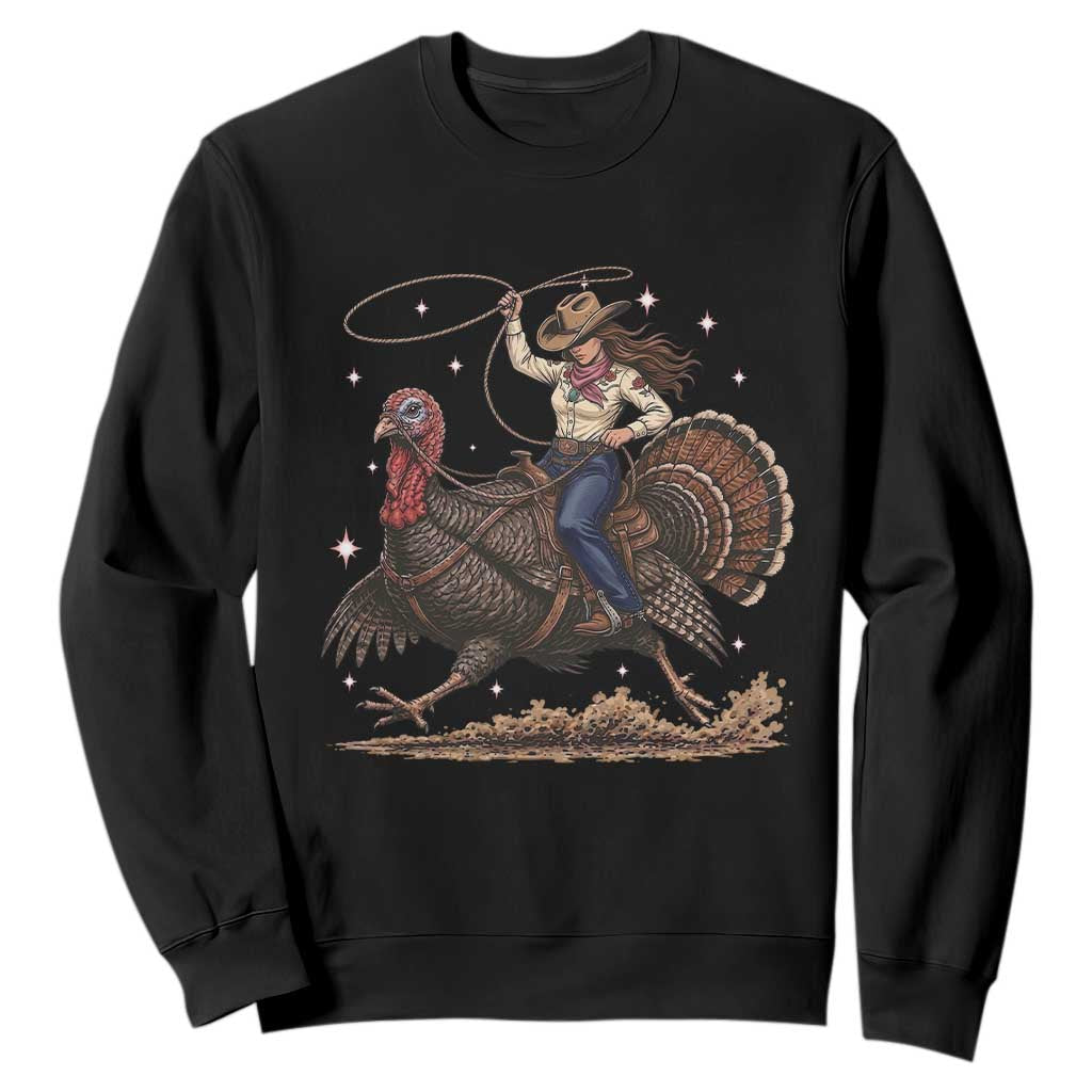 Thanksgiving Rodeo Western Fall Gift Sweatshirt Funny Cowgirl Riding Turkey