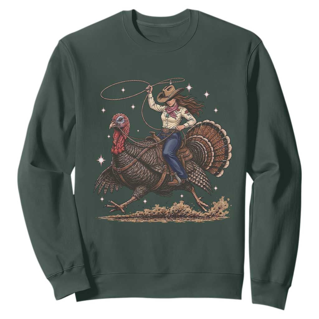 Thanksgiving Rodeo Western Fall Gift Sweatshirt Funny Cowgirl Riding Turkey