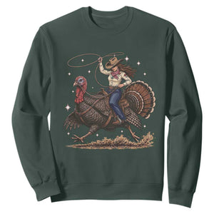 Thanksgiving Rodeo Western Fall Gift Sweatshirt Funny Cowgirl Riding Turkey