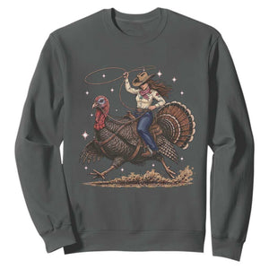 Thanksgiving Rodeo Western Fall Gift Sweatshirt Funny Cowgirl Riding Turkey