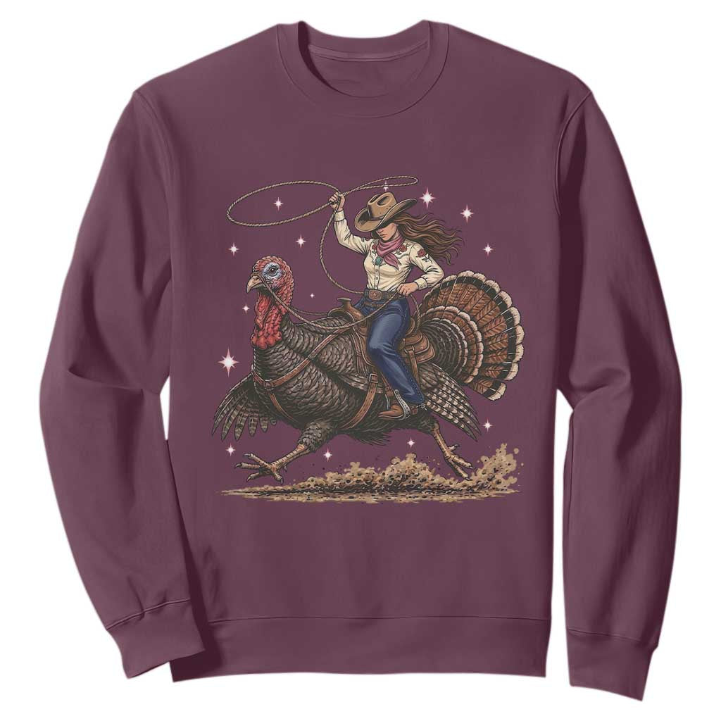 Thanksgiving Rodeo Western Fall Gift Sweatshirt Funny Cowgirl Riding Turkey
