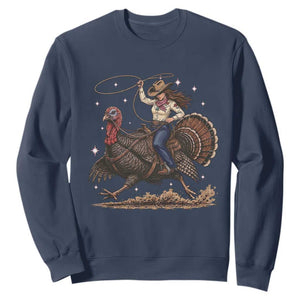 Thanksgiving Rodeo Western Fall Gift Sweatshirt Funny Cowgirl Riding Turkey