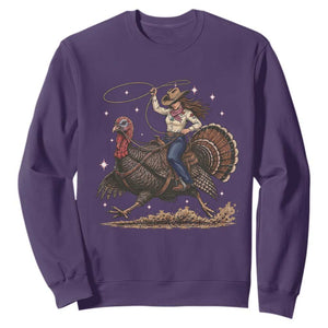 Thanksgiving Rodeo Western Fall Gift Sweatshirt Funny Cowgirl Riding Turkey