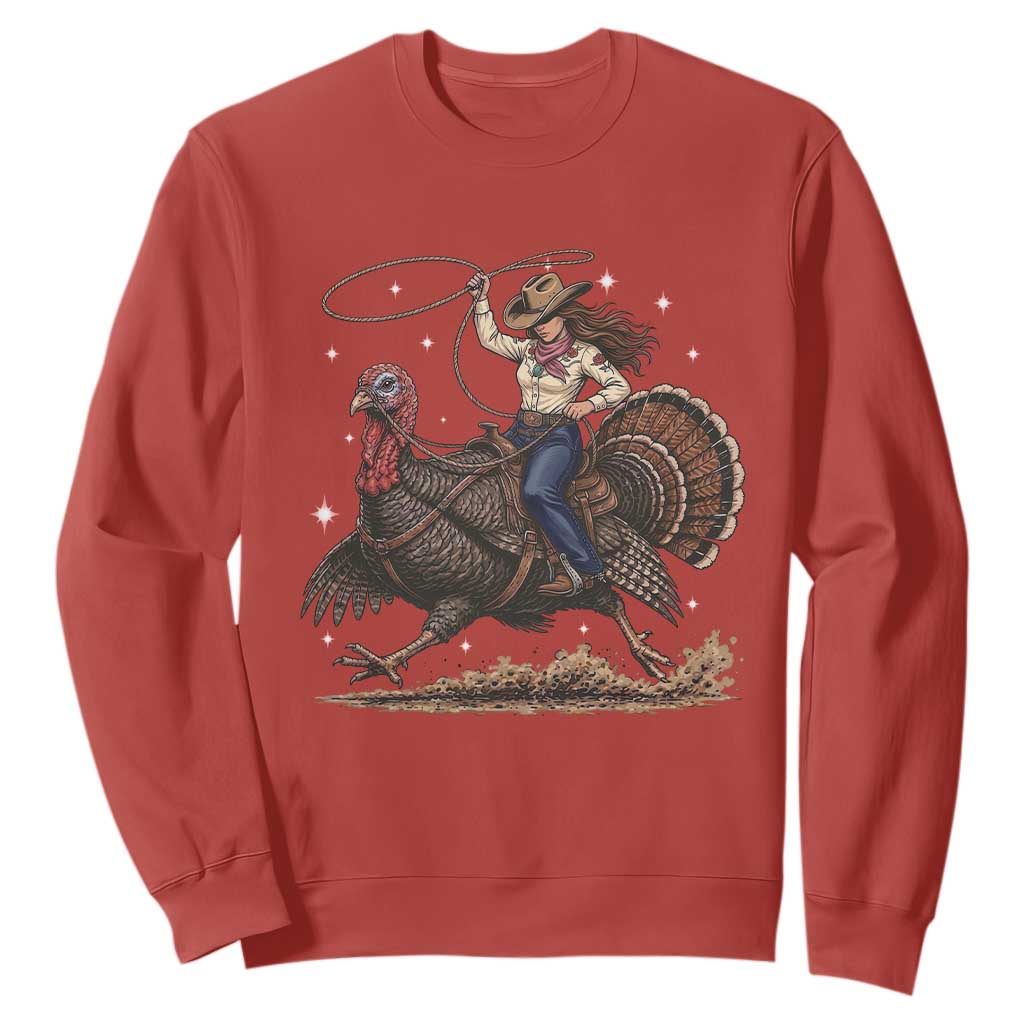 Thanksgiving Rodeo Western Fall Gift Sweatshirt Funny Cowgirl Riding Turkey