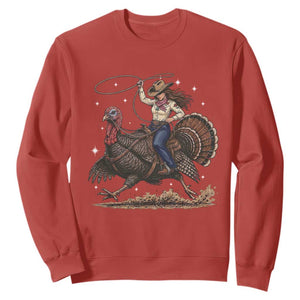 Thanksgiving Rodeo Western Fall Gift Sweatshirt Funny Cowgirl Riding Turkey