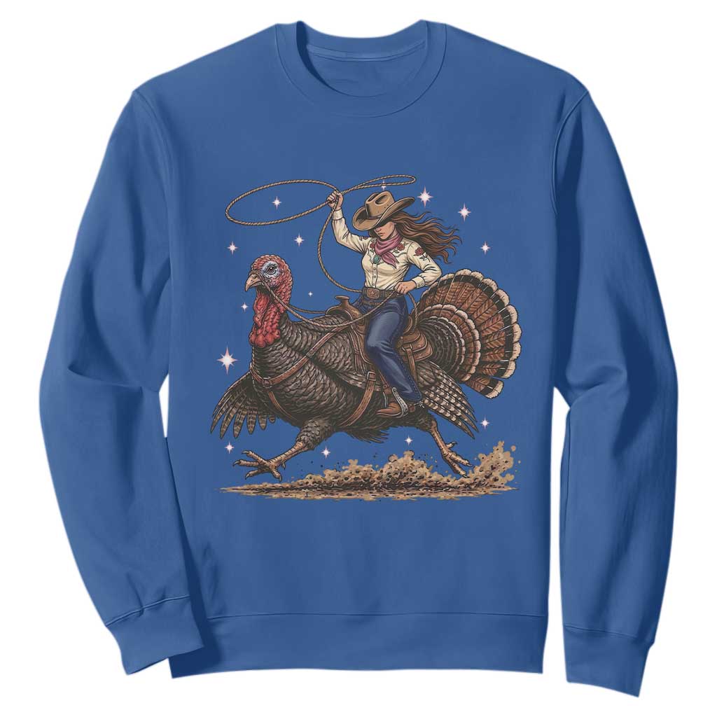 Thanksgiving Rodeo Western Fall Gift Sweatshirt Funny Cowgirl Riding Turkey