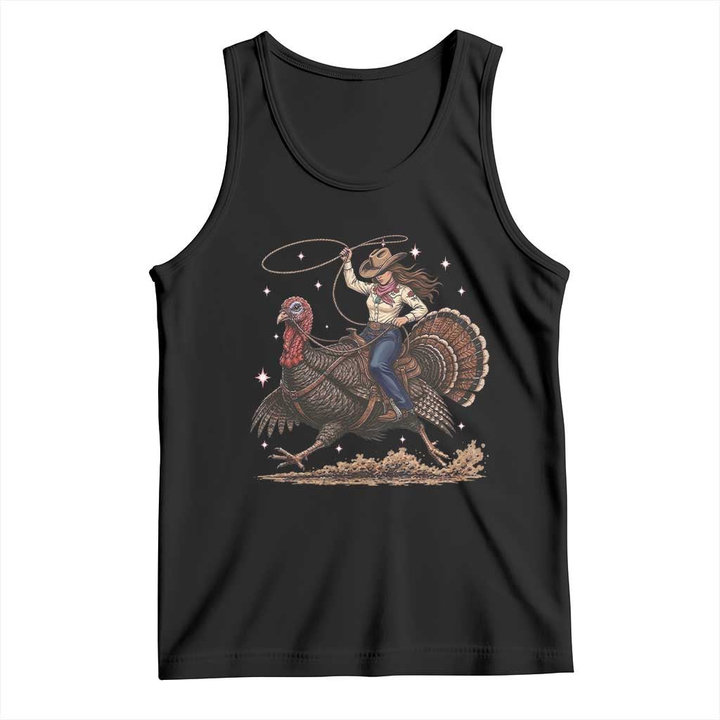 Thanksgiving Rodeo Western Fall Gift Tank Top Funny Cowgirl Riding Turkey
