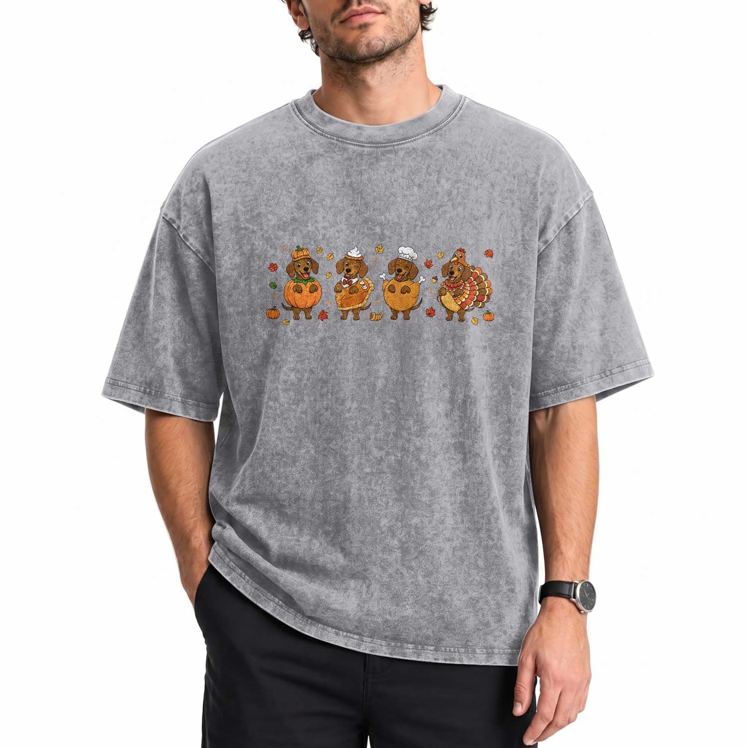Dachshund Thanksgiving Holiday Gift Washed Cotton T-Shirt Cute Turkey Wiener Dog