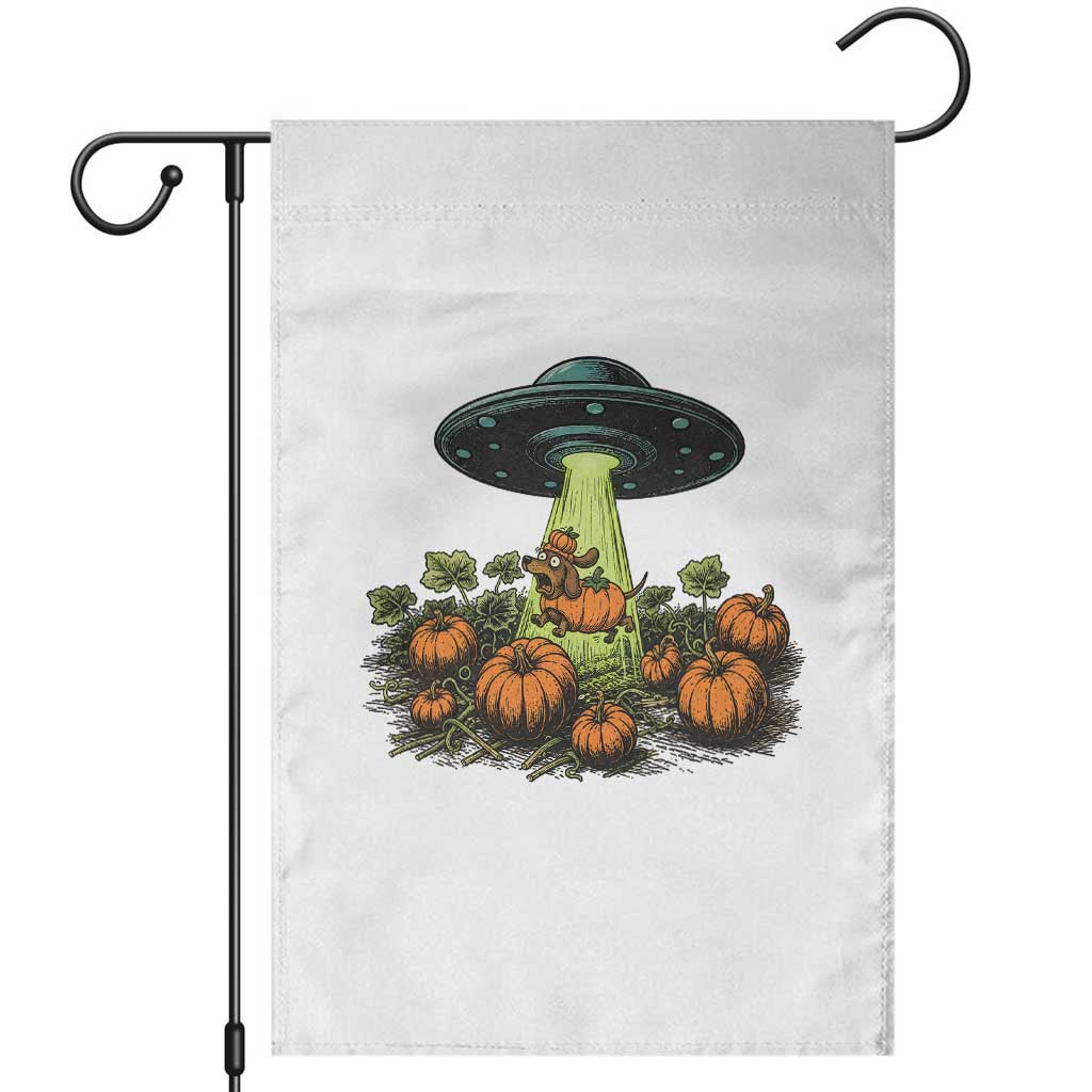 Funny Alien Halloween Pet Lover Gift Garden Flag UFO Abduction Pumpkin Dachshund Dog