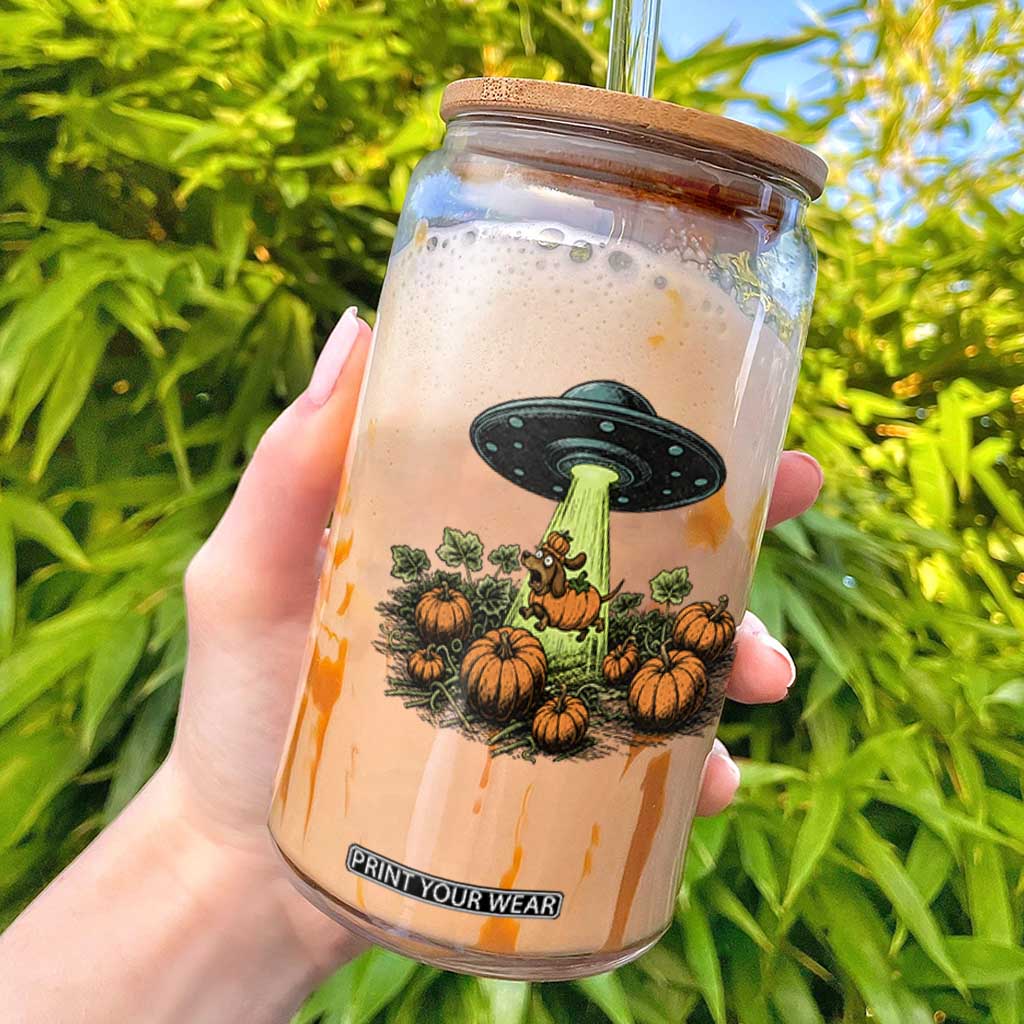 Funny Alien Halloween Pet Lover Gift Glass Can UFO Abduction Pumpkin Dachshund Dog