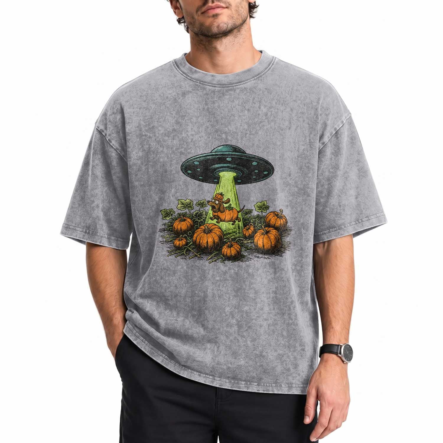 Funny Alien Halloween Pet Lover Gift Washed Cotton T-Shirt UFO Abduction Pumpkin Dachshund Dog