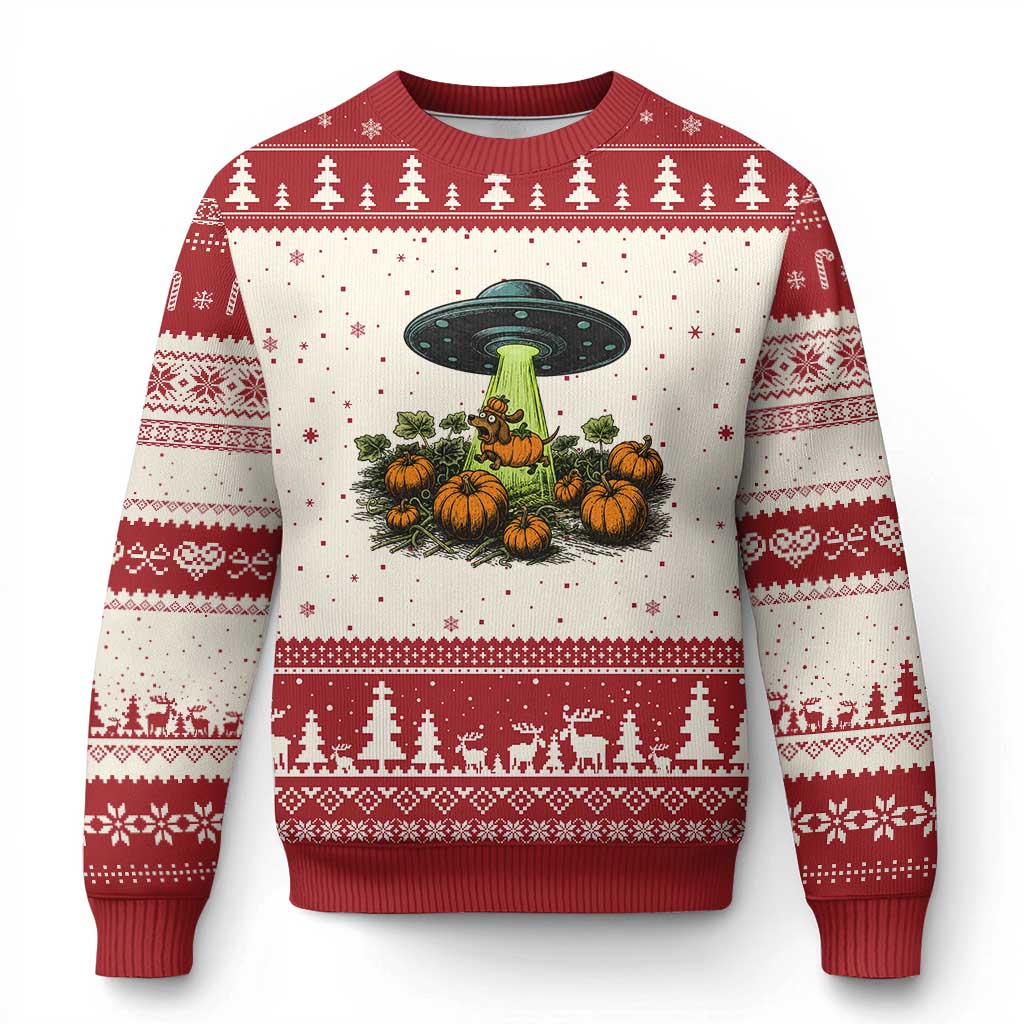 Funny Alien Halloween Pet Lover Gift Ugly Christmas Sweater UFO Abduction Pumpkin Dachshund Dog