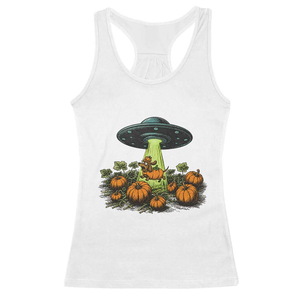 Funny Alien Halloween Pet Lover Gift Racerback Tank Top UFO Abduction Pumpkin Dachshund Dog
