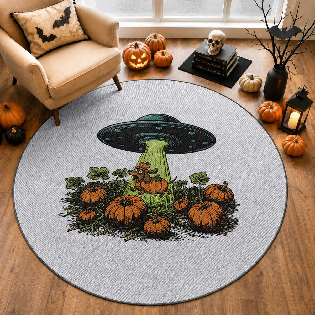 Funny Alien Halloween Pet Lover Gift Round Rug UFO Abduction Pumpkin Dachshund Dog