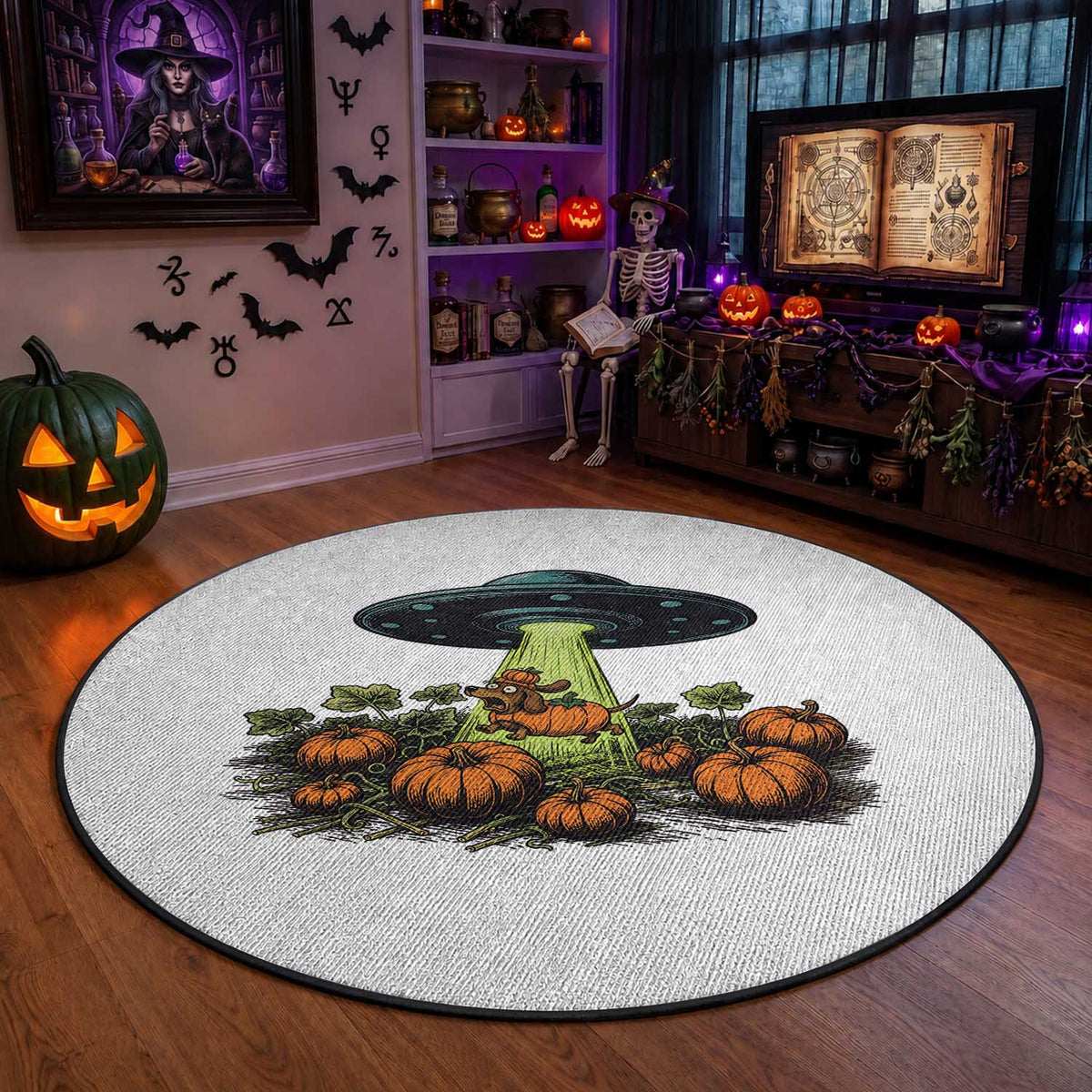 Funny Alien Halloween Pet Lover Gift Round Rug UFO Abduction Pumpkin Dachshund Dog
