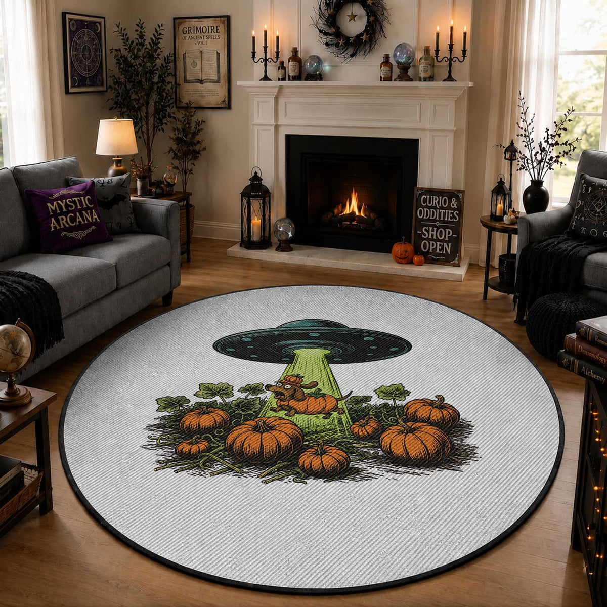 Funny Alien Halloween Pet Lover Gift Round Rug UFO Abduction Pumpkin Dachshund Dog