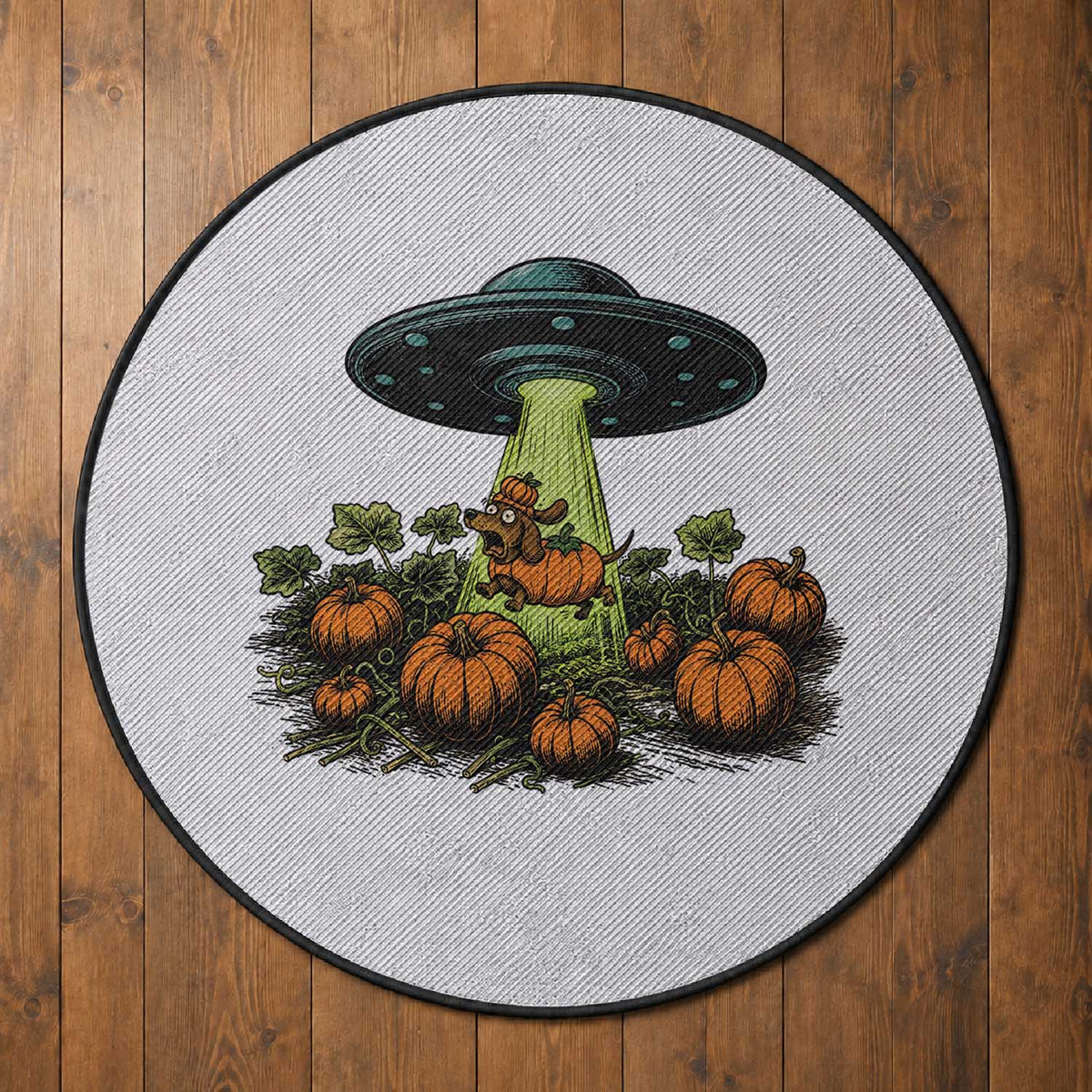 Funny Alien Halloween Pet Lover Gift Round Rug UFO Abduction Pumpkin Dachshund Dog