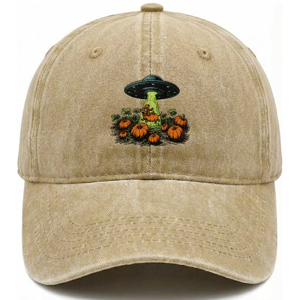 Funny Alien Halloween Pet Lover Gift Washed Cotton Baseball Cap UFO Abduction Pumpkin Dachshund Dog