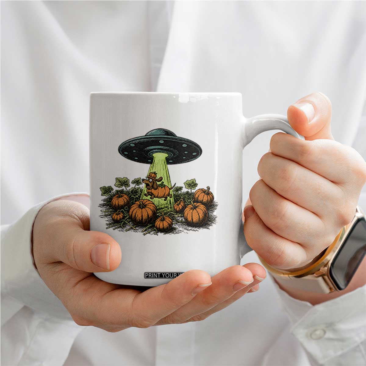 Funny Alien Halloween Pet Lover Gift Coffee Mug UFO Abduction Pumpkin Dachshund Dog