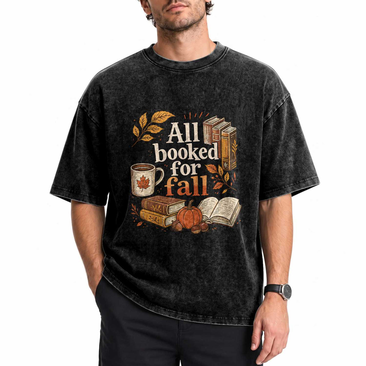 All Booked For Fall Washed Cotton T-Shirt Cozy Season Autumn Book Lover