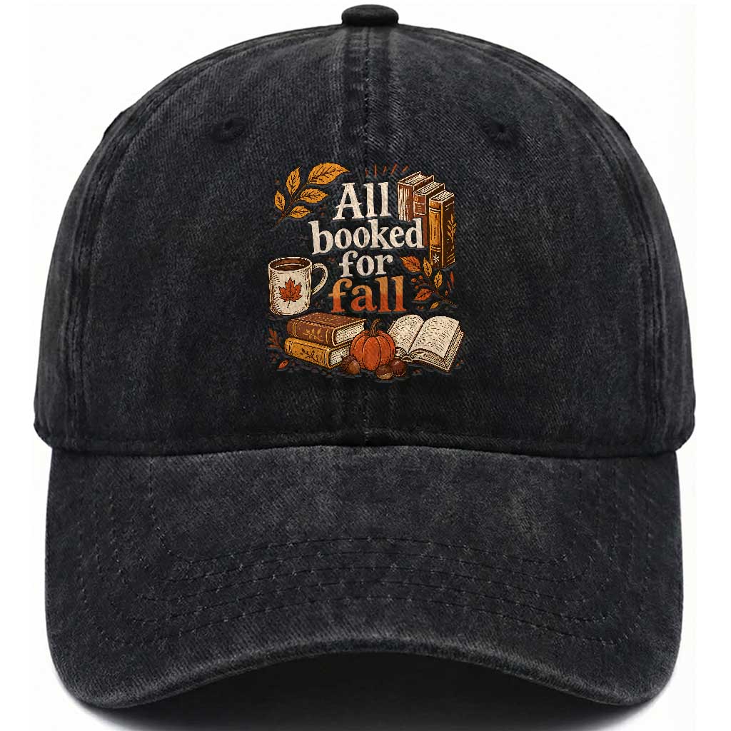 All Booked For Fall Washed Cotton Baseball Cap Cozy Season Autumn Book Lover