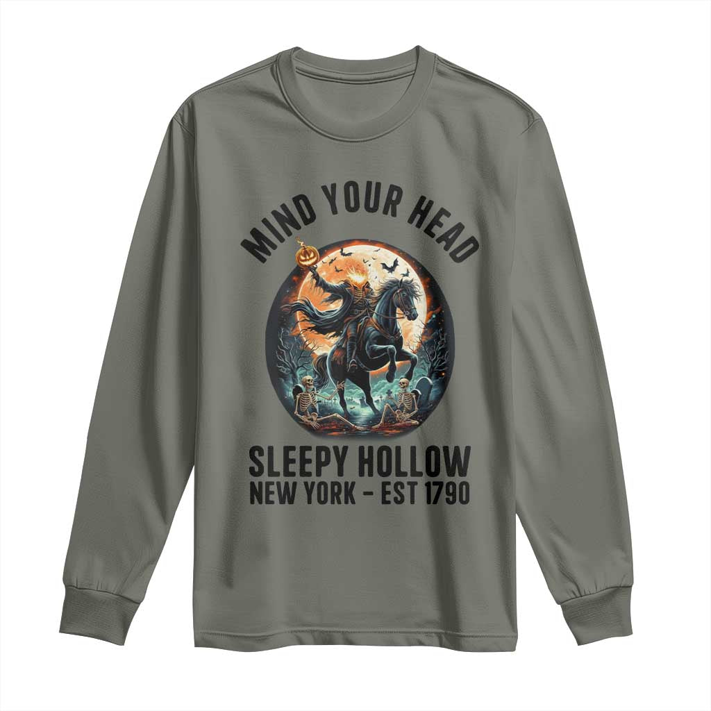 Headless Horseman Long Sleeve Shirt Mind Your Head Haunted Gift TS12 Military Green Print Your Wear