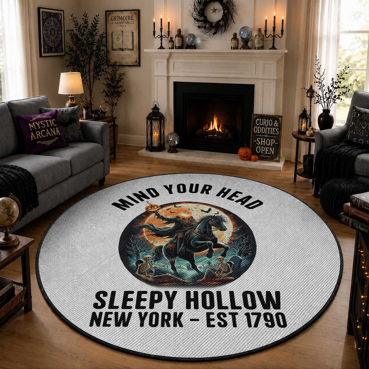 Headless Horseman Round Rug Mind Your Head Haunted Gift