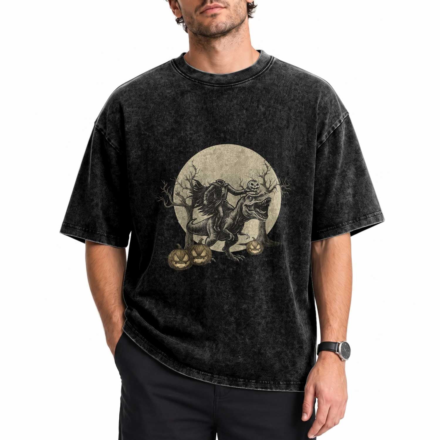 Funny Halloween Gift Washed Cotton T-Shirt Headless Horseman Riding A Dino