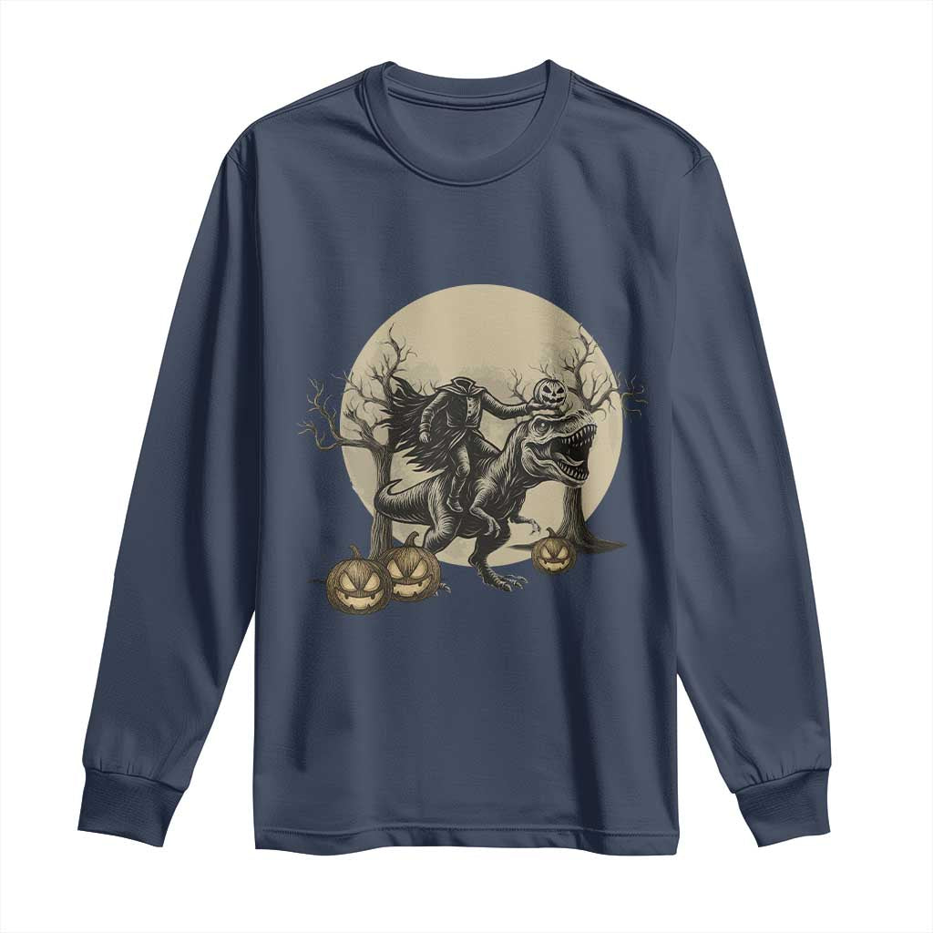 Funny Halloween Gift Long Sleeve Shirt Headless Horseman Riding A Dino TS12 Navy Print Your Wear
