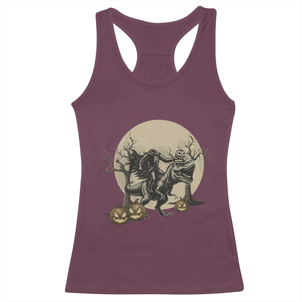 Funny Halloween Gift Racerback Tank Top Headless Horseman Riding A Dino TS12 Maroon Print Your Wear