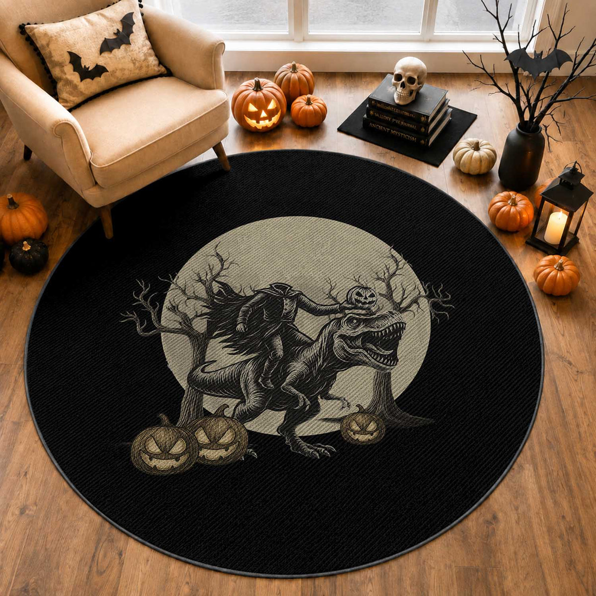 Funny Halloween Gift Round Rug Headless Horseman Riding A Dino