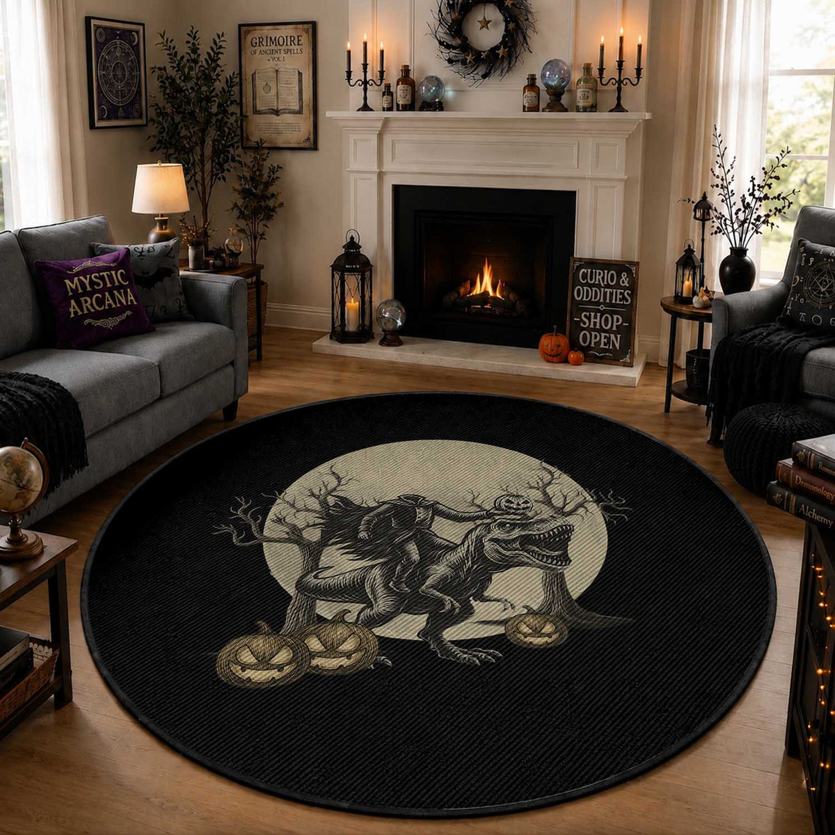 Funny Halloween Gift Round Rug Headless Horseman Riding A Dino