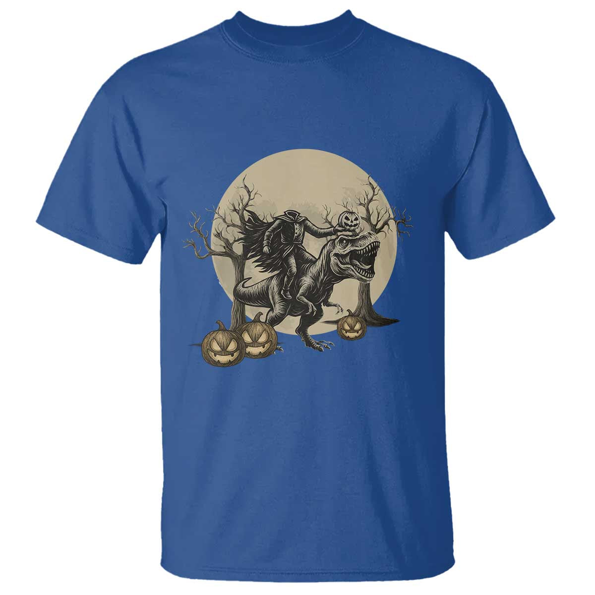 Funny Halloween Gift T Shirt Headless Horseman Riding A Dino TS12 Royal Blue Print Your Wear