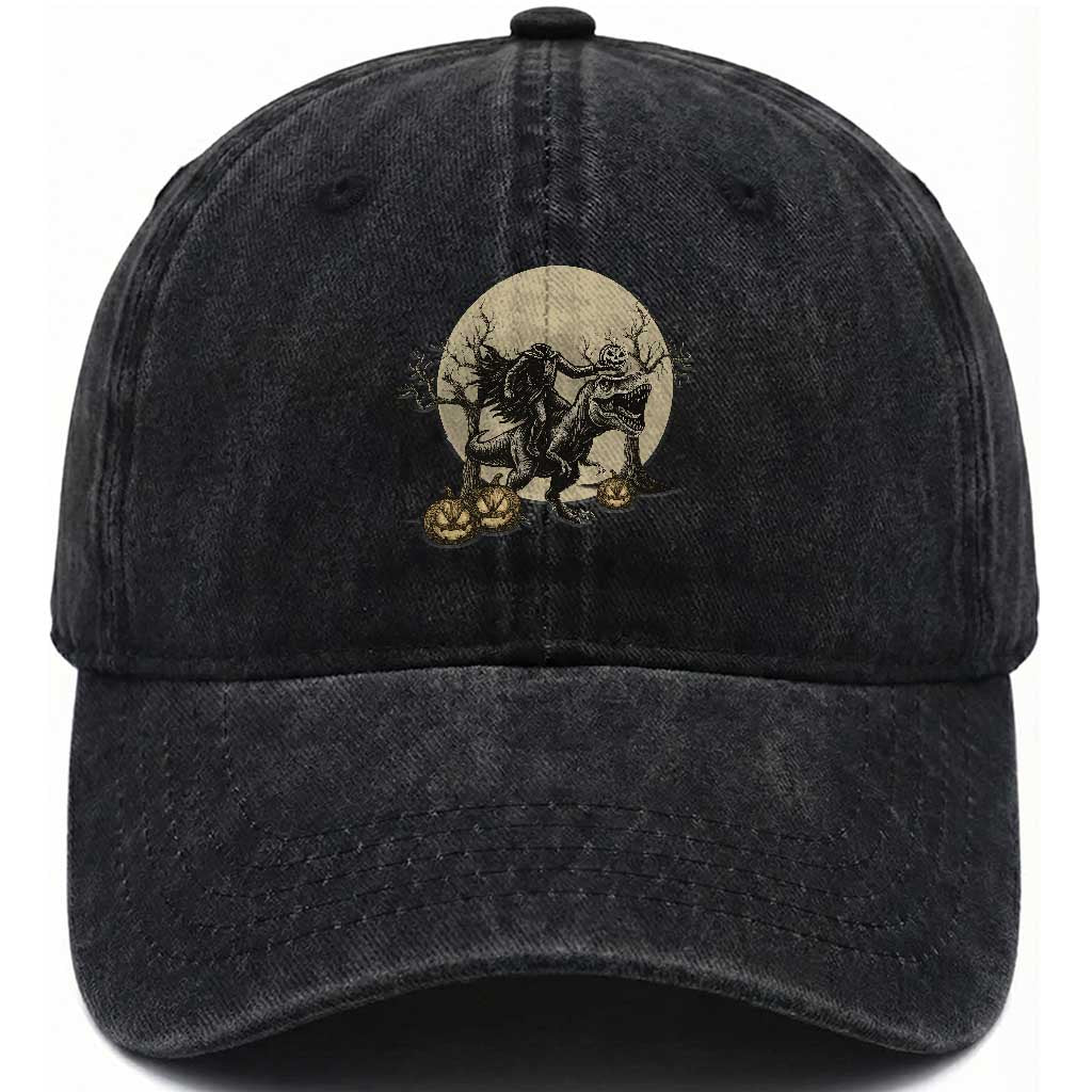 Funny Halloween Gift Washed Cotton Baseball Cap Headless Horseman Riding A Dino TS12 Print Your Wear