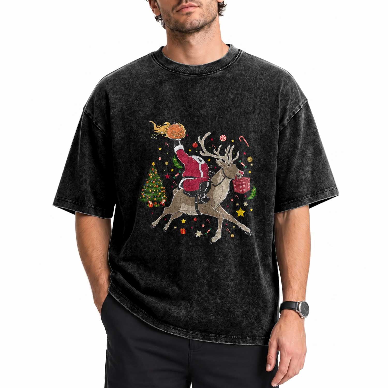 Funny Santa Headless Horseman Washed Cotton T-Shirt Christmas Halloween Gift