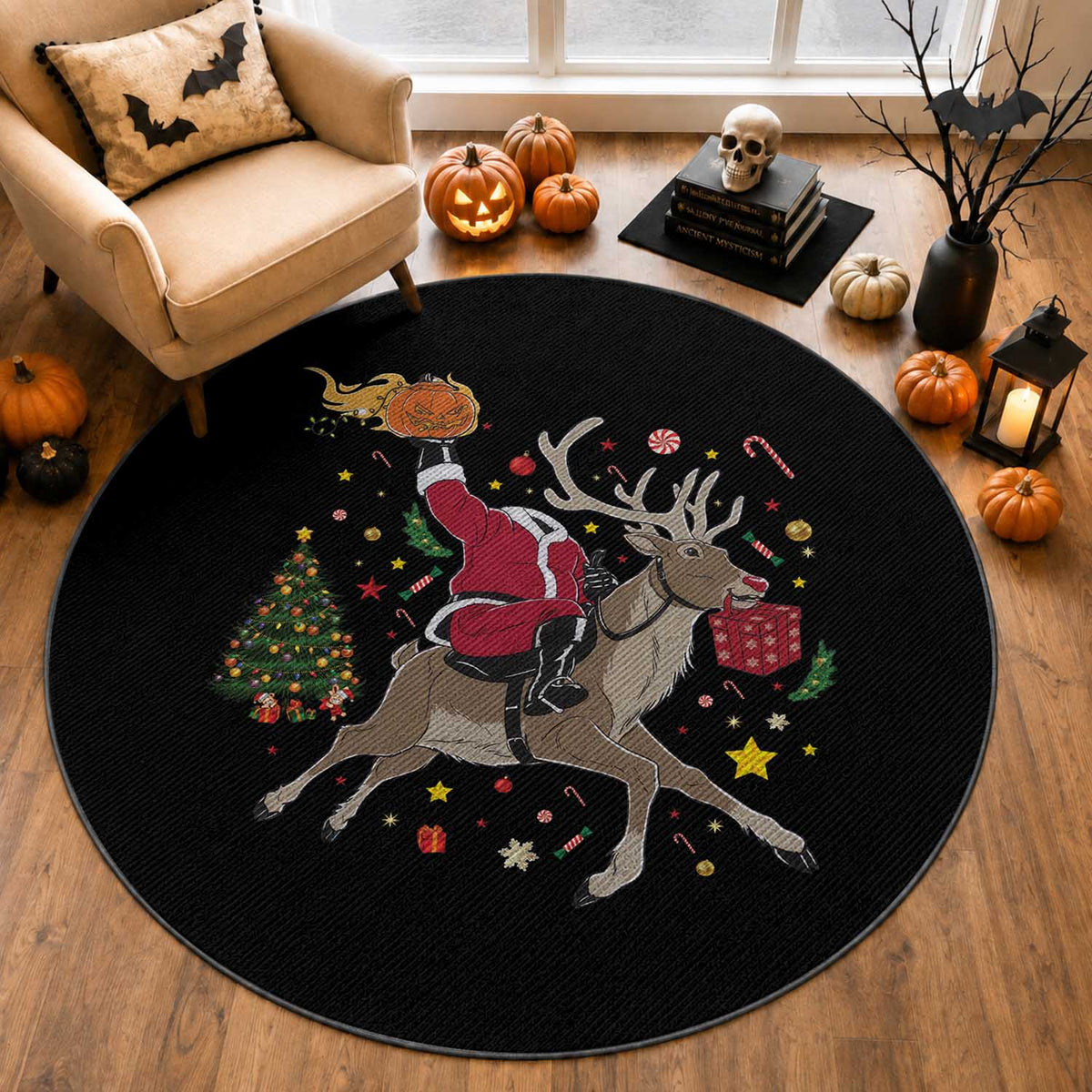 Funny Santa Headless Horseman Round Rug Christmas Halloween Gift