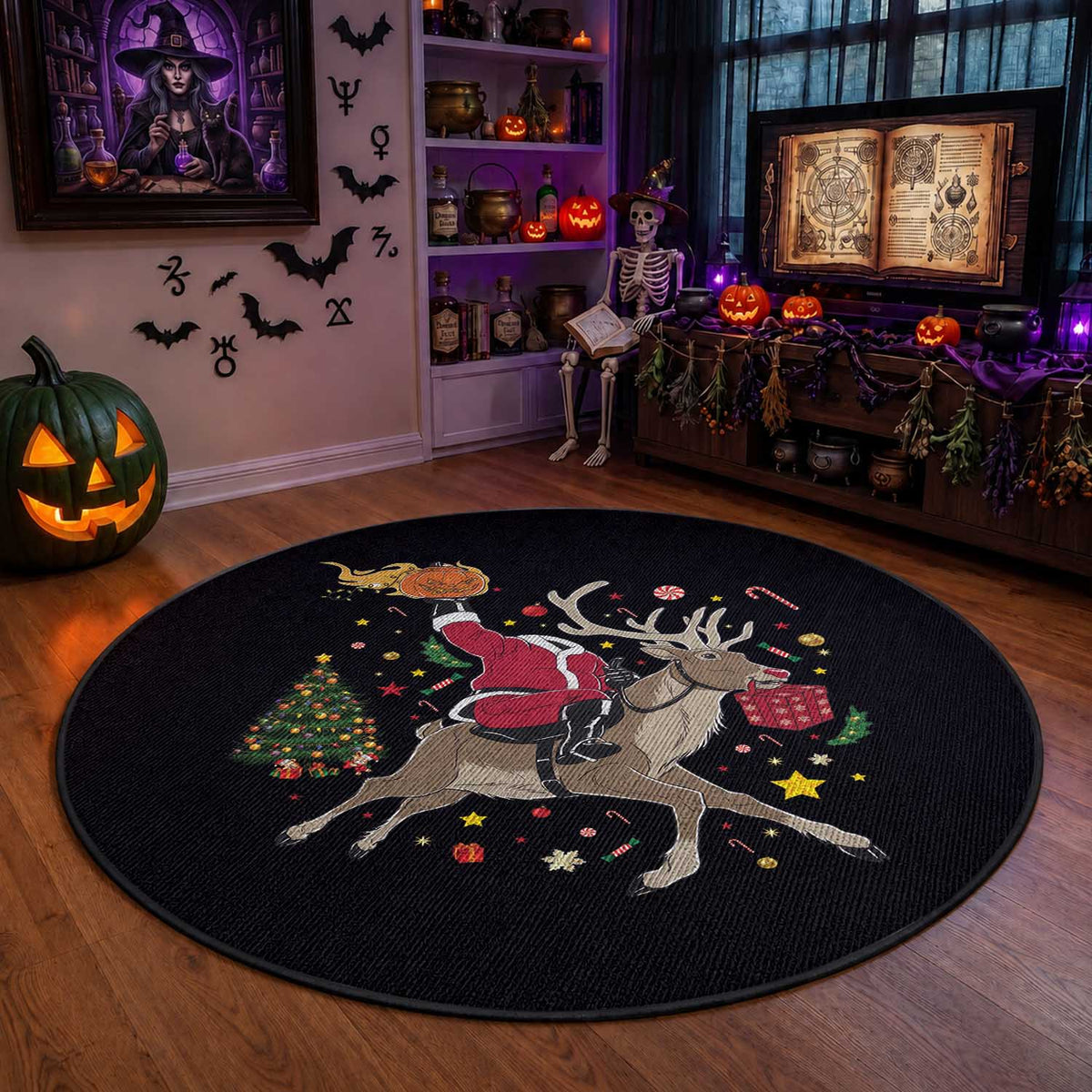 Funny Santa Headless Horseman Round Rug Christmas Halloween Gift